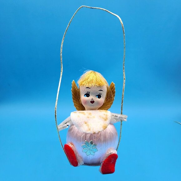 Vintage 1960s Satin Ball Angel Ornament Foil Wings Spun Cotton Composite Face v4 - Picture 3 of 8